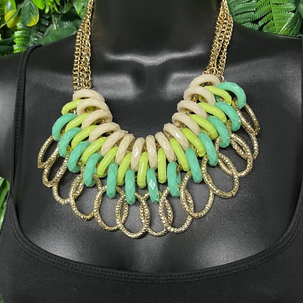 Gold Tone Green Cream Necklace Chunky Bib Statement Multi Strand Resin Link 3980